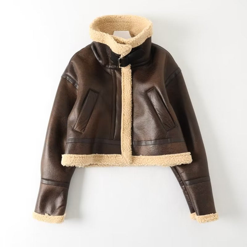 Women Cotton Coat Fleece-lined Thick Loose Lamb Wool Coat