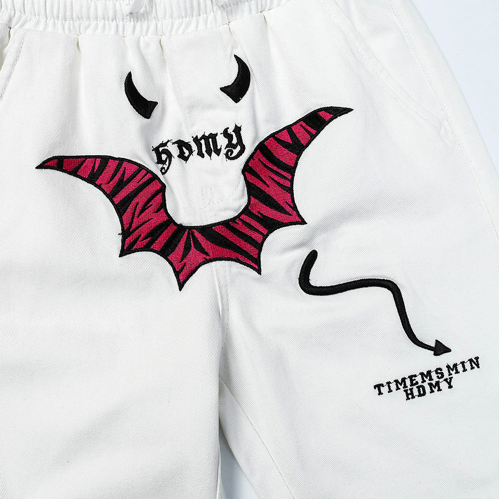 Men Sweatpants Personalized Embroidered Devil Horn Straight Casual Trousers Hip Hop Diagonal Cloth Jeans