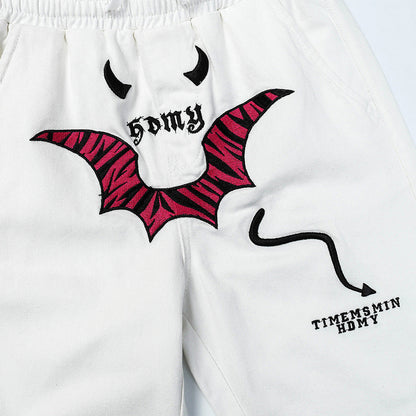 Men Sweatpants Personalized Embroidered Devil Horn Straight Casual Trousers Hip Hop Diagonal Cloth Jeans
