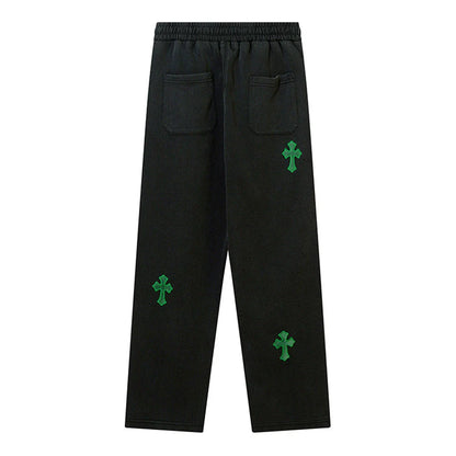 Men Sweatpants Embroidered Cross Casual Trousers Loose Straight Sports Trousers with an Elasticated Waist