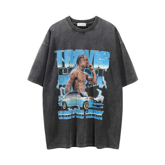 Men Vintage T-Shirt Distressed Short-Sleeved T-shirt Men's Summer Loose round Neck