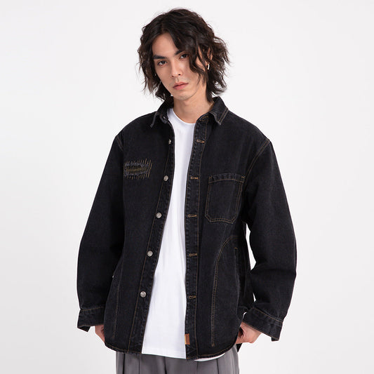 Men Jacket Coat Ripped Denim Jacket Embroidered Workwear Jacket
