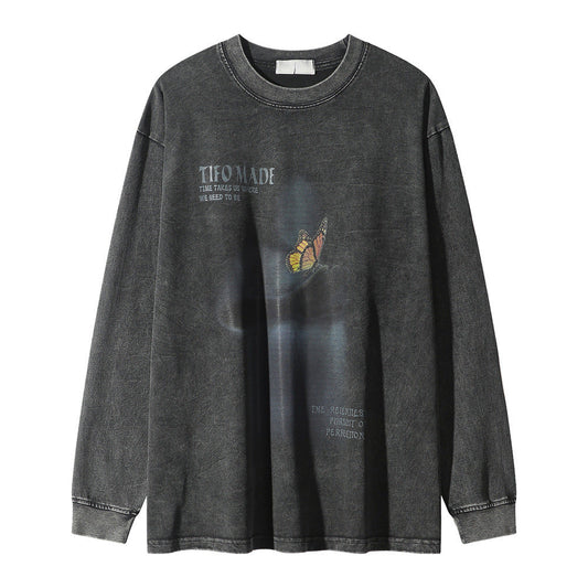 Men Long Sleeve T-Shirt Butterfly Distressed Long Sleeve T-shirt Loose