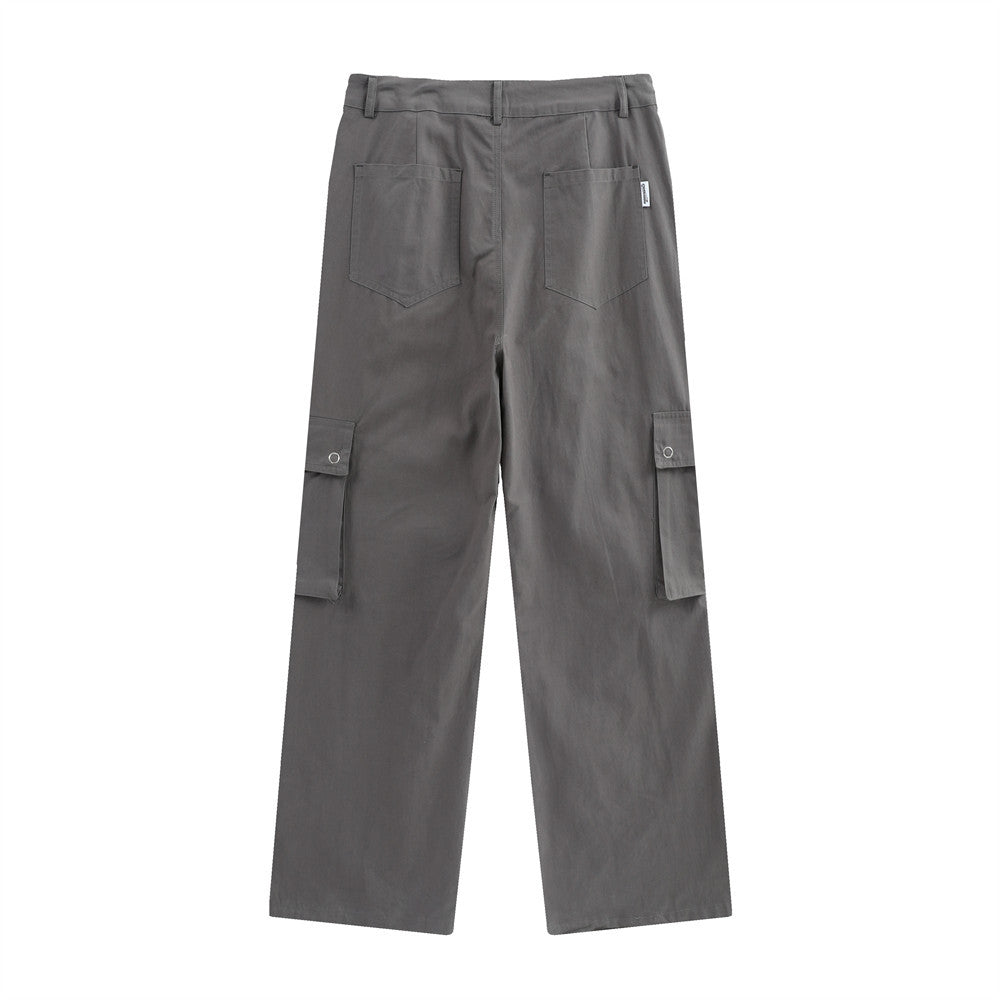 Men Sweatpants Multi-Pocket Workwear Casual Pants Button Split Solid Color Straight-Leg Trousers