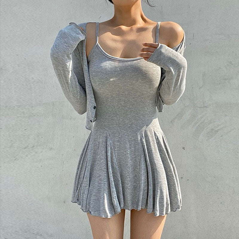 Women Dresses U-Neck Sling Pleated Dress Cardigan Button Long Sleeve Jacket Two-Piece Short Skirt
