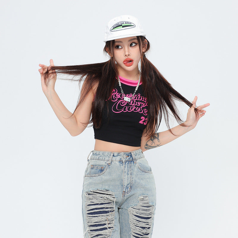 Women Vest Old School Letter Print Sleeveless T-shirt Female Vintage Vest