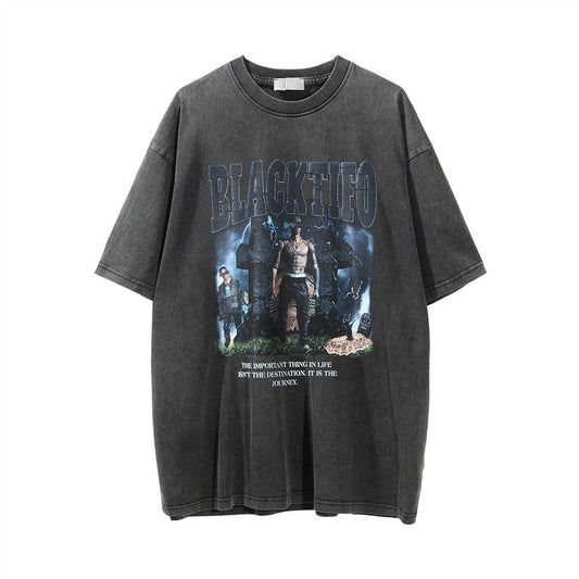 Men's Vintage T-Shirt Printed Washed and Worn Short-Sleeved T-shirt Men's Summer Loose Casual
