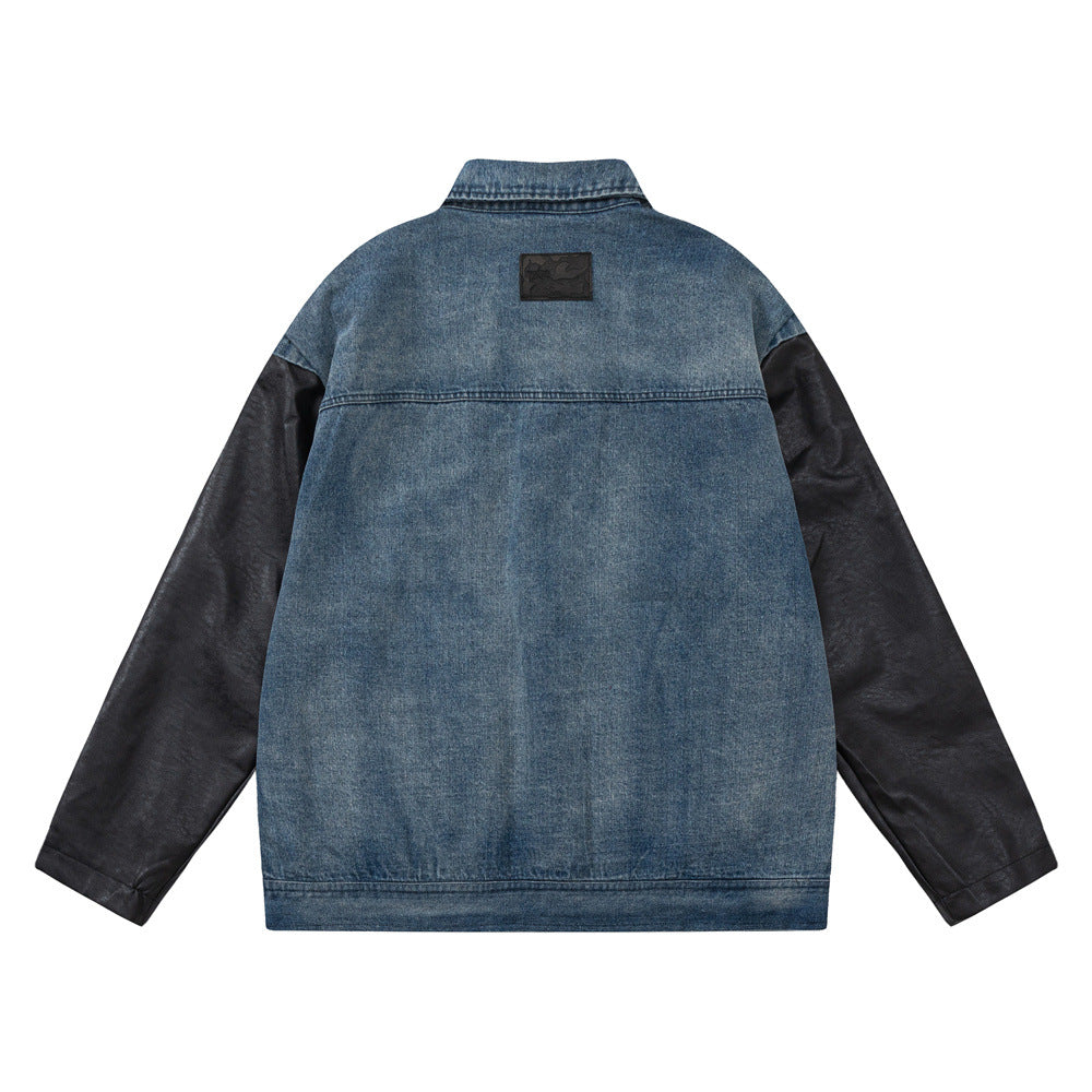 Men Jacket Coat PU Leather Sleeve Denim Jacket Men Lapel Motorcycle Clothing Coat