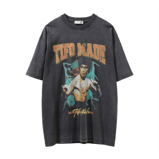 Men Vintage T-Shirt Printed Men's Short-Sleeved T-shirt Distressed round Neck