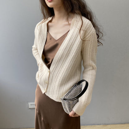 Women Cardigan Sweater Autumn Winter Retro Twist Knitted Cardigan Jacket V-neck Long Sleeve Sweater 8t3102