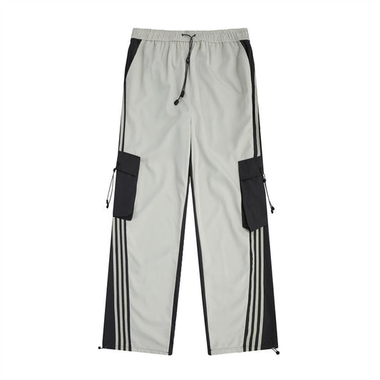 Men Sweatpants Contrast Color Striped Multi-Pocket Workwear Casual Pants Loose Straight Wide Leg Pants Men Sports Jogger Pants