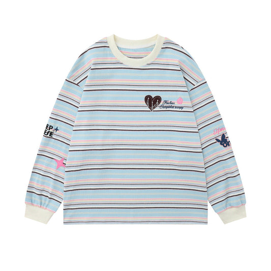 Men Long Sleeve T-Shirt Striped Embroidery