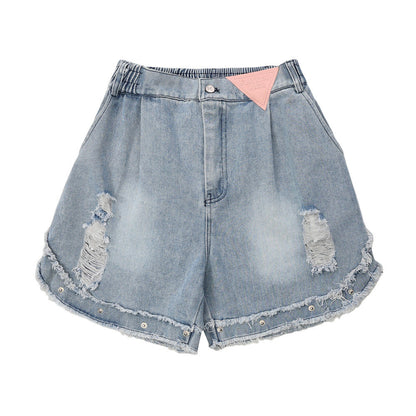 Women Pants Ripped Jeans Women Hip Hop Elastic Waist Button Stitching Loose Wide Leg Pants