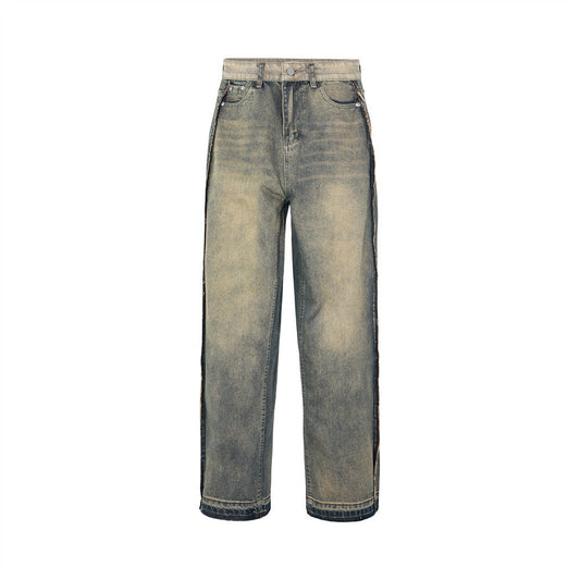 Men Jeans Distressed Raw Edges Patchwork Retro Loose