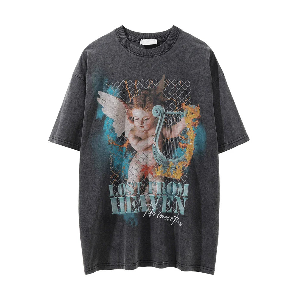 Men Vintage T-Shirt Printed Men's Short-Sleeved T-shirt Ins Distressed round Neck Summer Loose