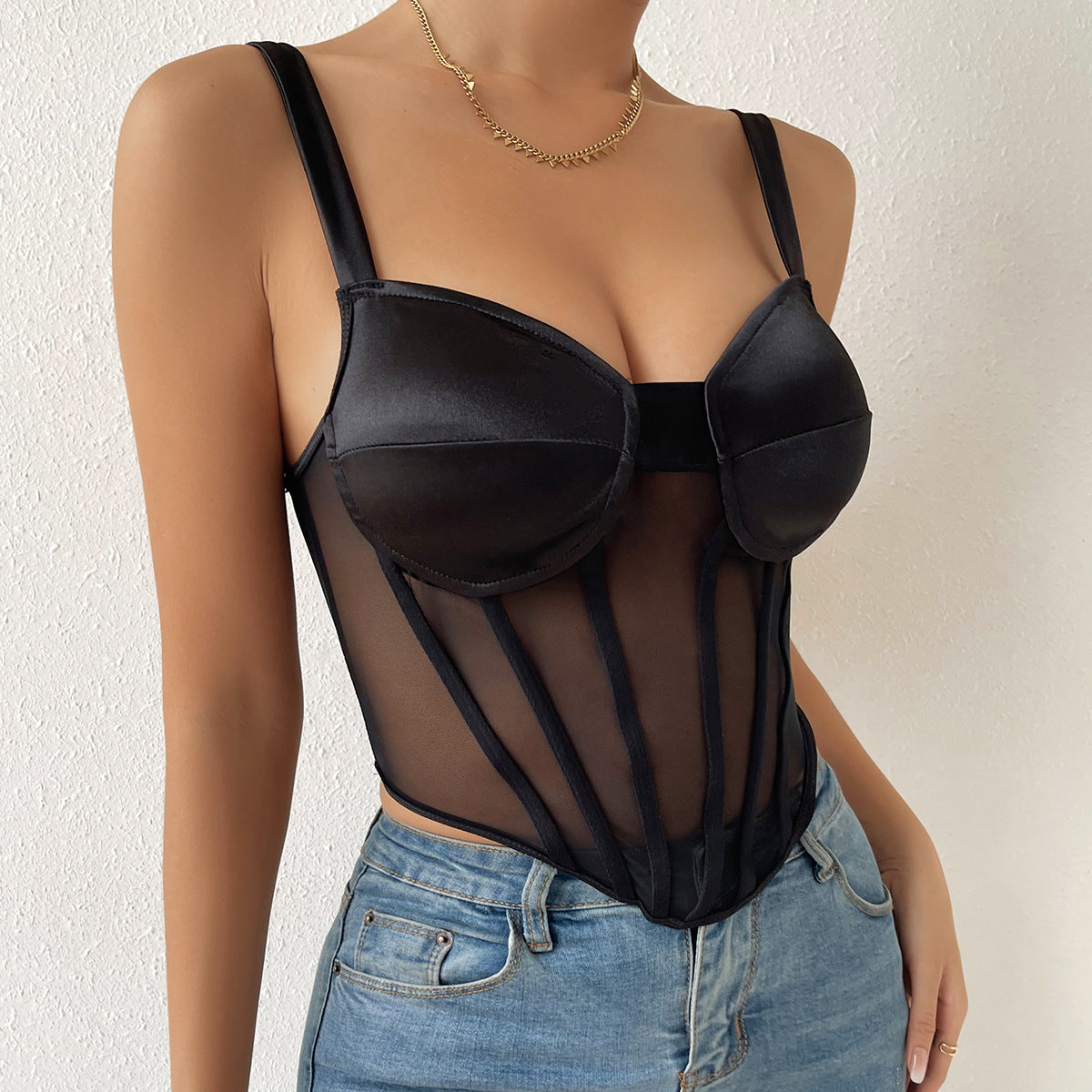 Women Party Tops Sexy Suspenders Mesh Diamond Vest