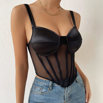 Women Party Tops Sexy Suspenders Mesh Diamond Vest
