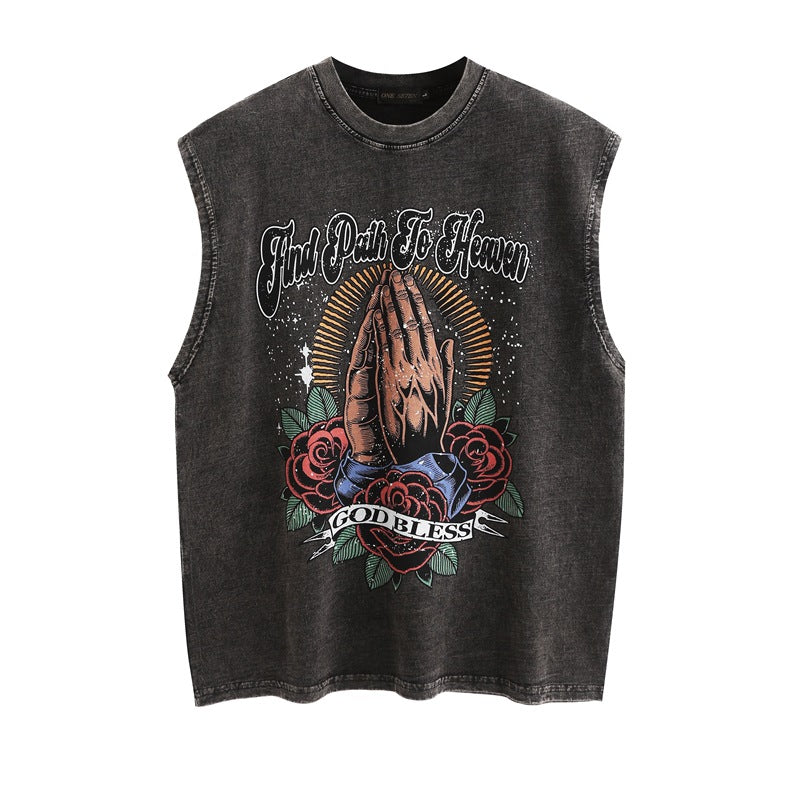 Men Vest Washed Distressed Sleeveless T-shirt Loose Vest