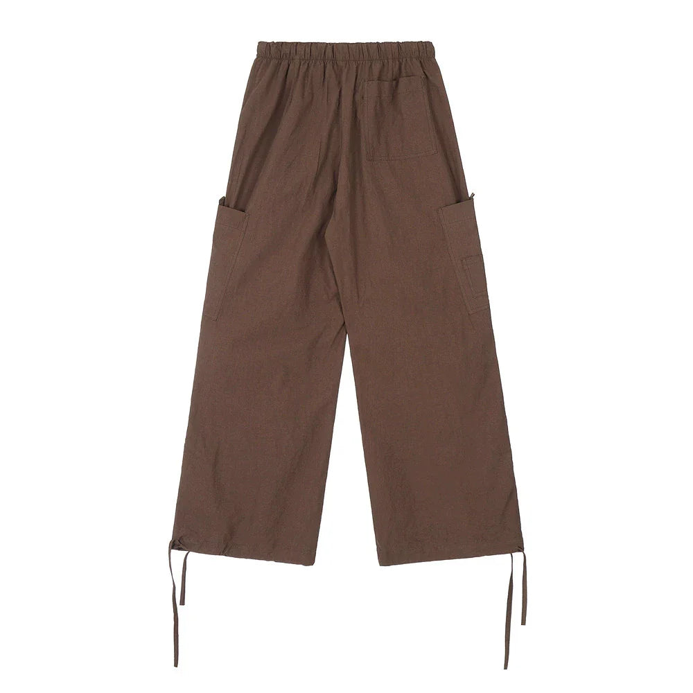 Men Sweatpants Pleated Casual Pants Men's Pocket Straight-Leg Trousers Drawstring Jogger Pants