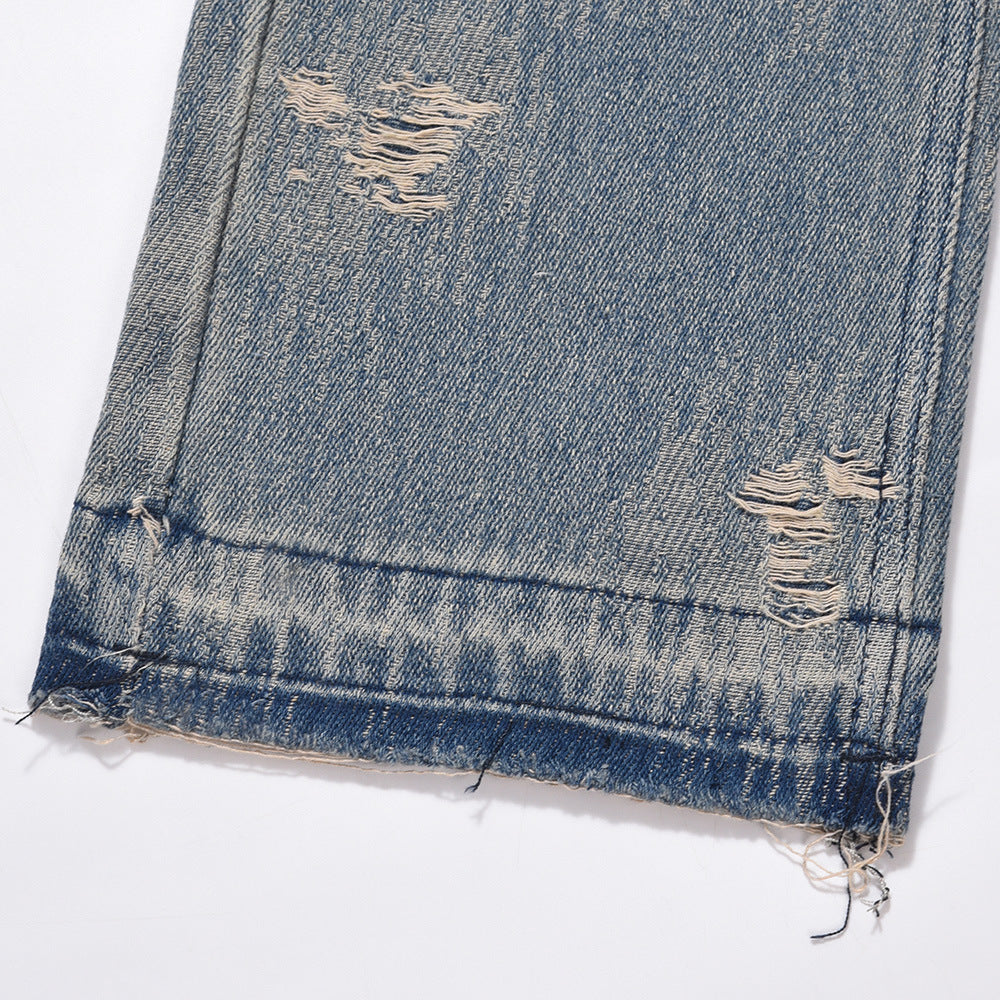 Men Jeans Hole Vintage Washed Loose Burrs Slightly Flared