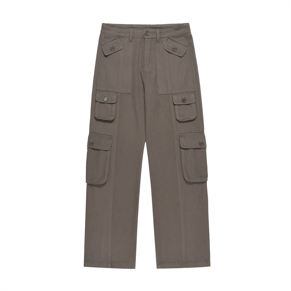 Men Jeans Workwear Multi-Pocket Straight Loose Solid Color