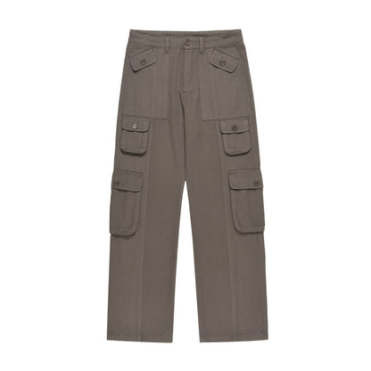 Men Jeans Workwear Multi-Pocket Straight Loose Solid Color