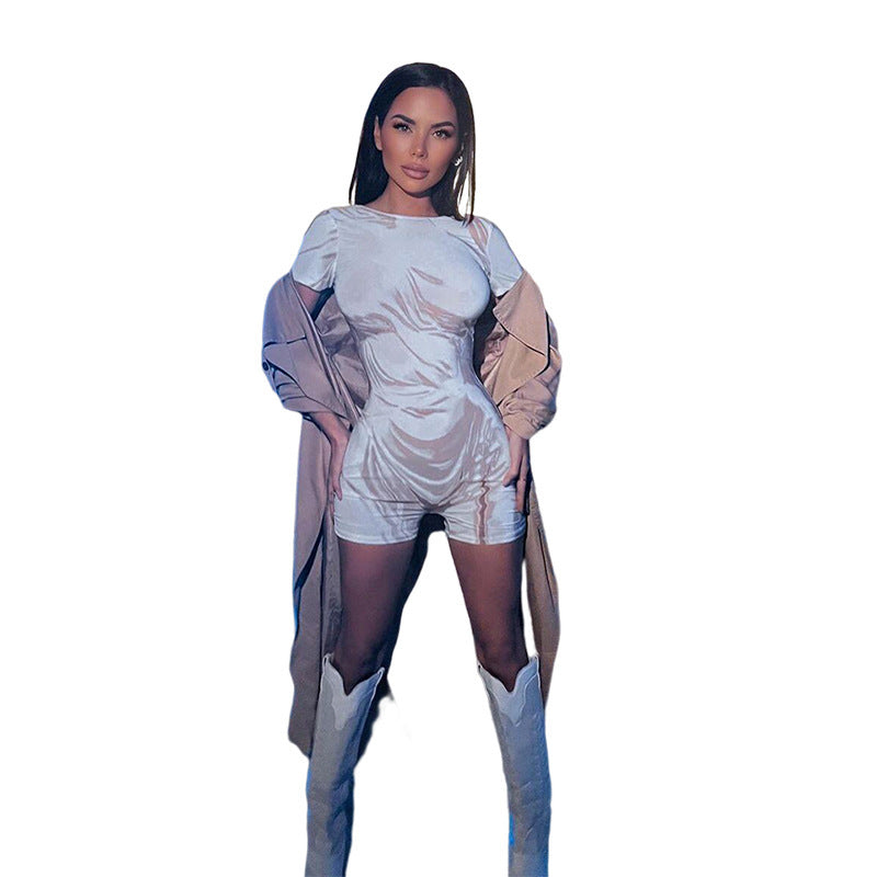 Women Jumpsuit Summer Casual round Neck Short Sleeves Tight One-Piece Shorts