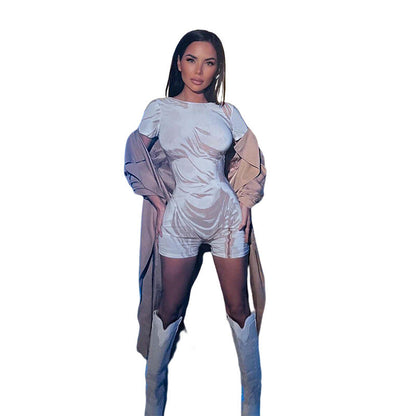 Women Jumpsuit Summer Casual round Neck Short Sleeves Tight One-Piece Shorts