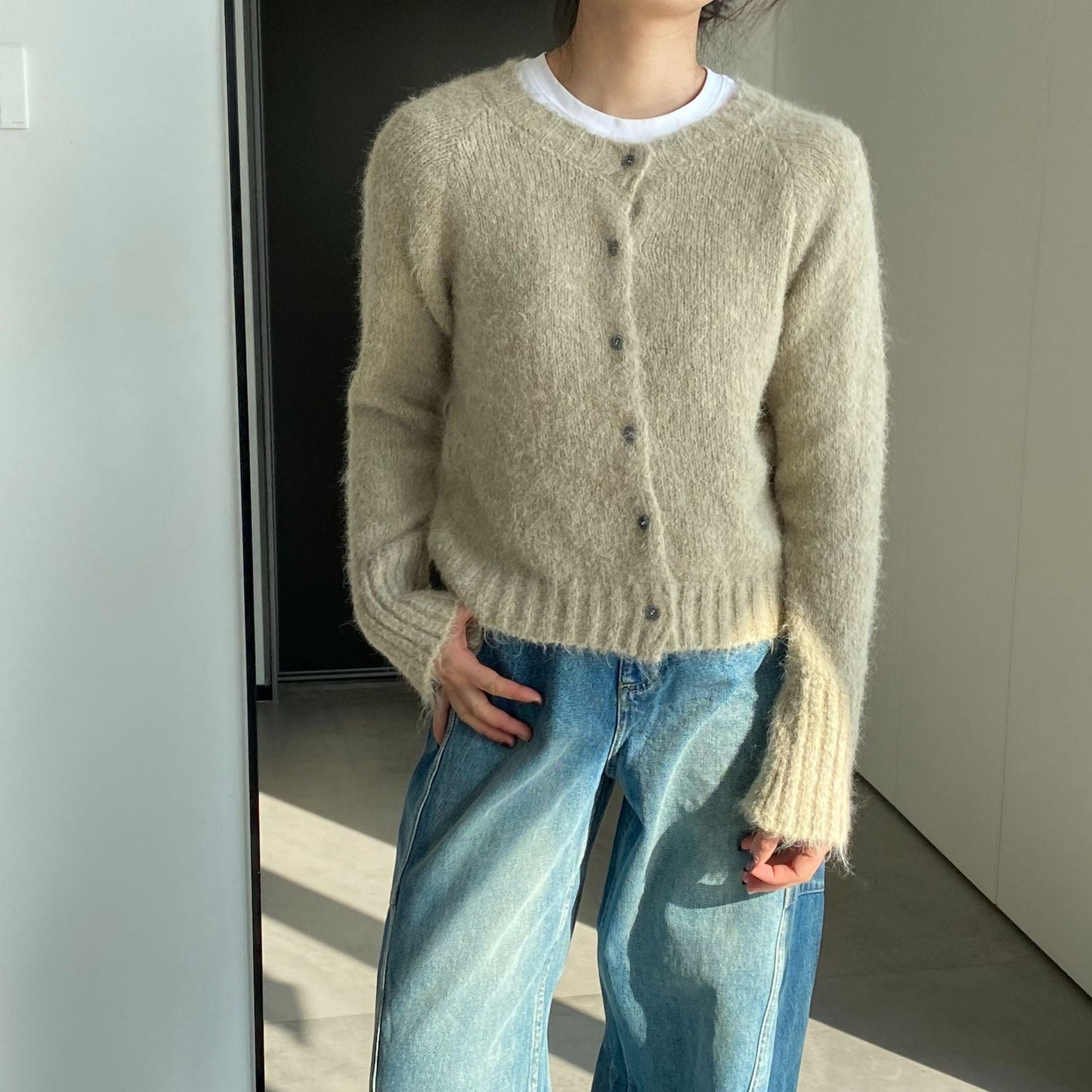 Women Cardigan Sweater Spring Alpaca Fleece/Fiber Cardigan Jacket Long-Sleeved round Neck Sweater Cardigan D2366