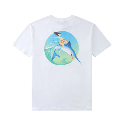 Palm Angle T Shirts Girl and Fish Cartoon Pattern Loose