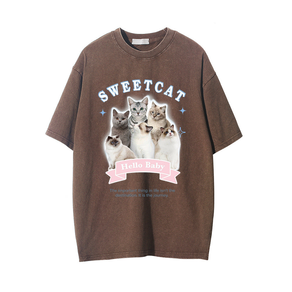 Men Vintage T-Shirt Printed Distressed Washed Short-Sleeved T-shirt Men's Summer Casual Loose round Neck