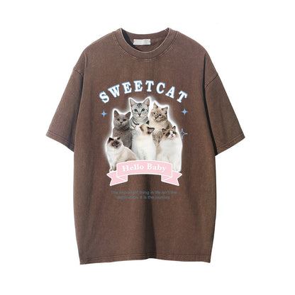 Men Vintage T-Shirt Printed Distressed Washed Short-Sleeved T-shirt Men's Summer Casual Loose round Neck
