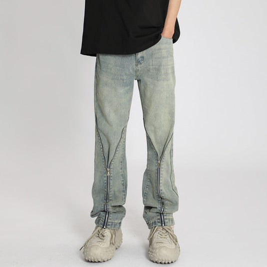 Men Jeans Zipper Jeans Men Vintage Straight-Leg Trousers