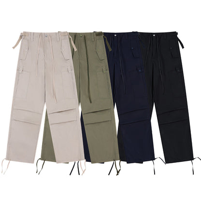 Men Sweatpants Casual Straight Trousers Loose Cargo Pleated Drawstring Ankle Banded Pants