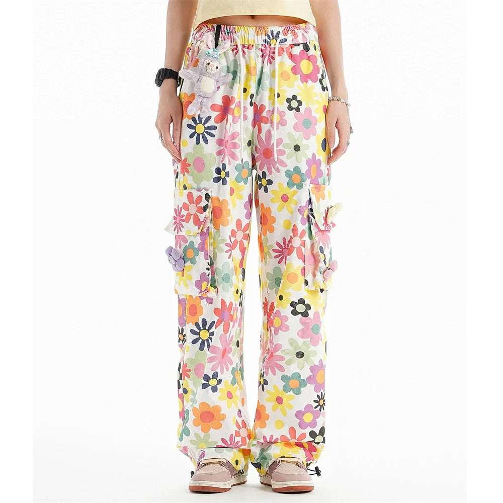 Men Sweatpants Full Printed Floral Corduroy Casual Pants Loose Pockets Tooling Straight-Leg Wide-Leg Pants