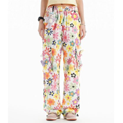 Men Sweatpants Full Printed Floral Corduroy Casual Pants Loose Pockets Tooling Straight-Leg Wide-Leg Pants