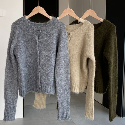Women Cardigan Sweater Spring Alpaca Fleece/Fiber Cardigan Jacket Long-Sleeved round Neck Sweater Cardigan D2366