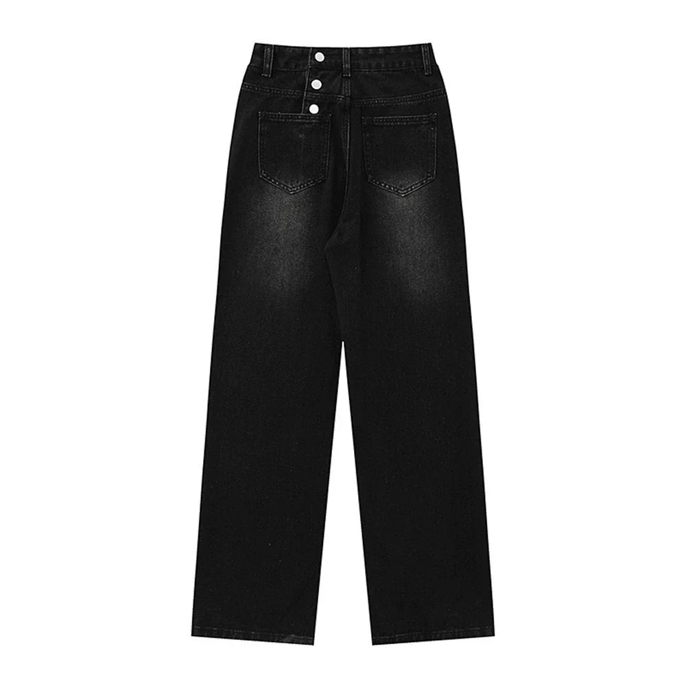 Women Pants Fastener Decoration Straight Jeans Women Loose Wide Leg Pants Retro Trousers