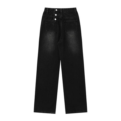 Women Pants Fastener Decoration Straight Jeans Women Loose Wide Leg Pants Retro Trousers