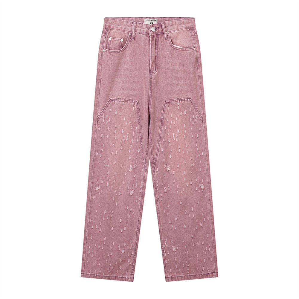 Women Pants Pink Straight Ripped Jeans for Women