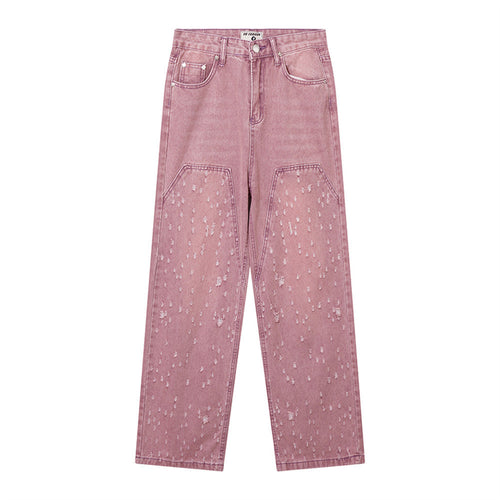 Women Pants Pink Straight Ripped Jeans for Women
