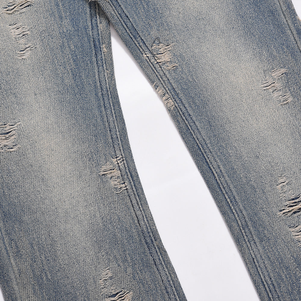 Men Jeans Hole Vintage Washed Loose Burrs Slightly Flared