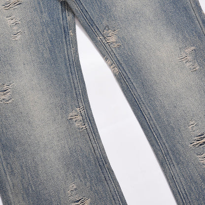 Men Jeans Hole Vintage Washed Loose Burrs Slightly Flared