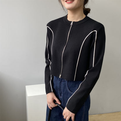 Women Cardigan Sweater Zipper Short Jacket Knitted Hong Kong Style Sweater Coat 20238t7217