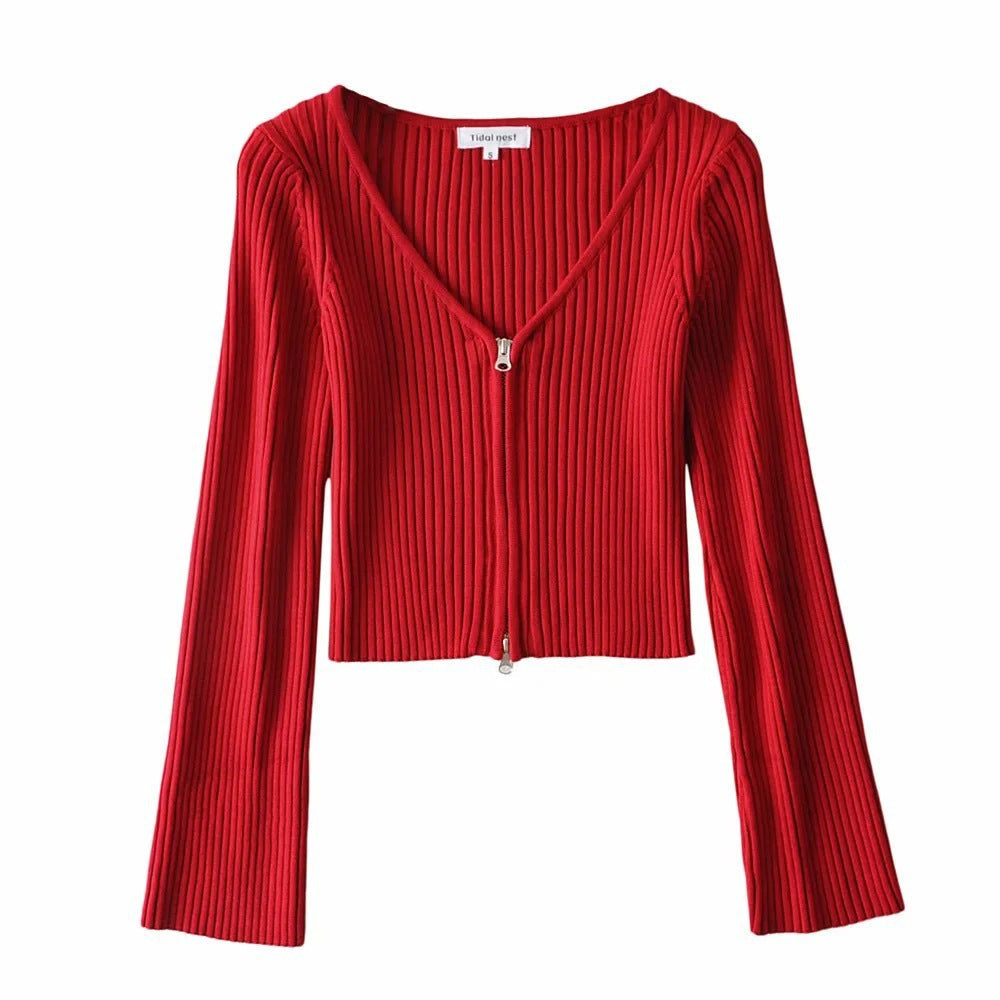 Women Sweater Knit Wear Spring and Autumn Double Zipper Knitted Cardigan Jacket