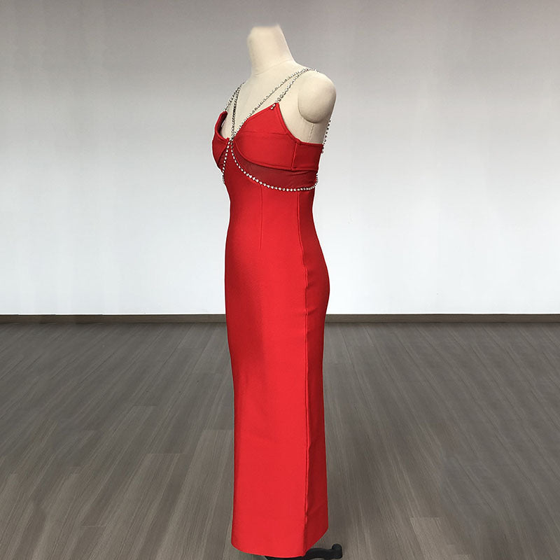 Women Evening Dress Crystal Drill Chain Straps Tulle Backless Evening Gown