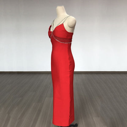 Women Evening Dress Crystal Drill Chain Straps Tulle Backless Evening Gown