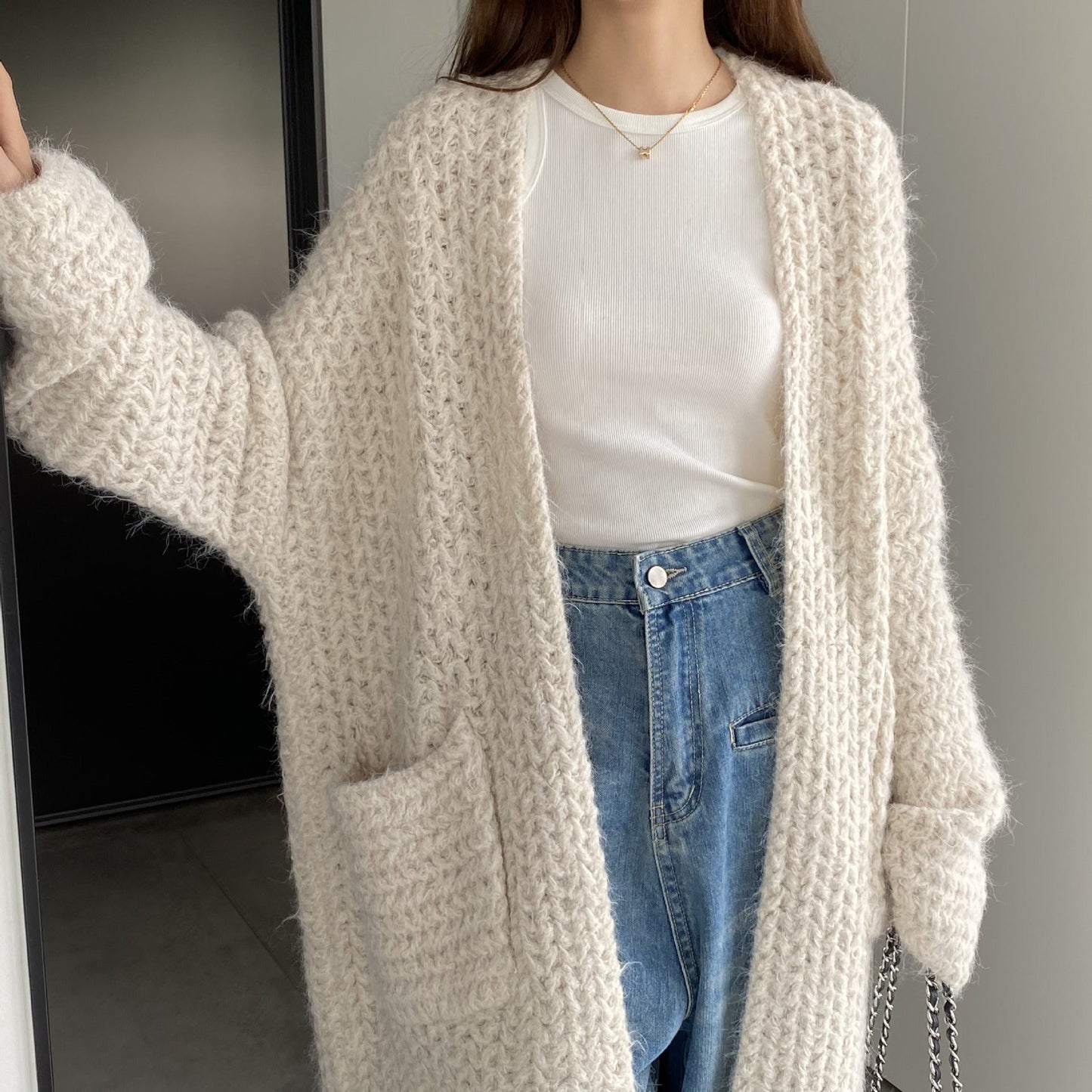 Women Cardigan Sweater Autumn and Winter Loose Pocket Texture Interwoven Long Cardigan Jacket Kc81