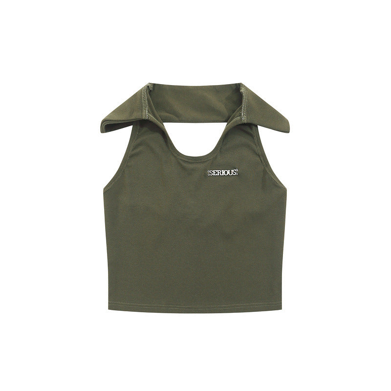 Women Vest Solid Color Polo Collar Halter Sleeveless T-shirt