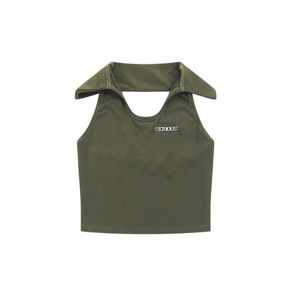 Women Vest Solid Color Polo Collar Halter Sleeveless T-shirt